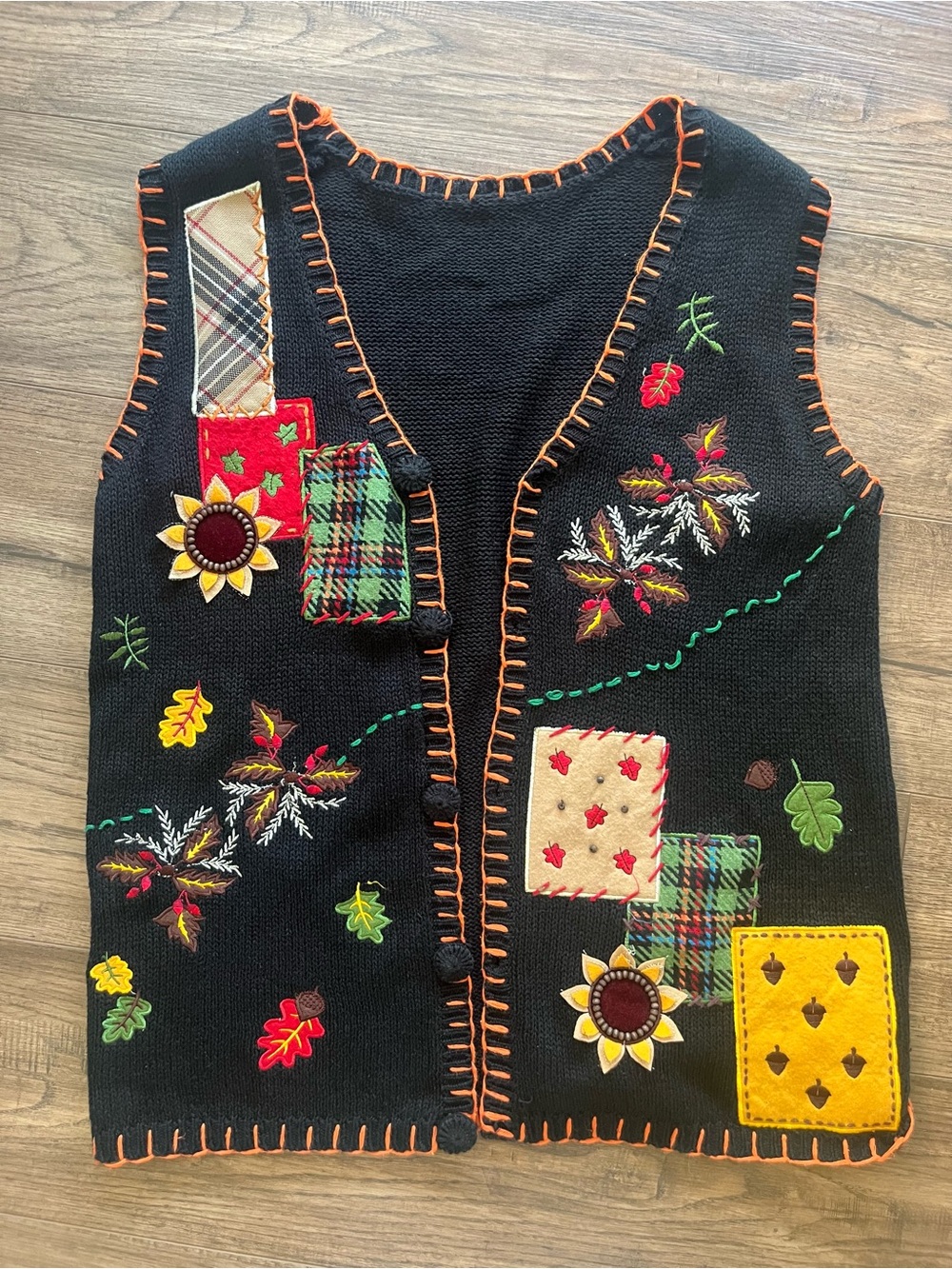 Black Embroidered Patchwork Sweater Vest Wearable Art Vintage Fall Autumn
